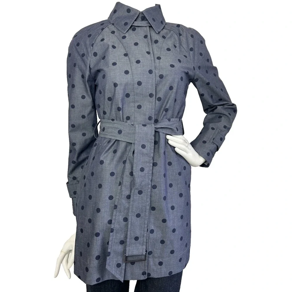 Banana Republic Polka Dot Trench Coat Water Resistant Belt Button Blue XS EUC - Picture 6 of 10